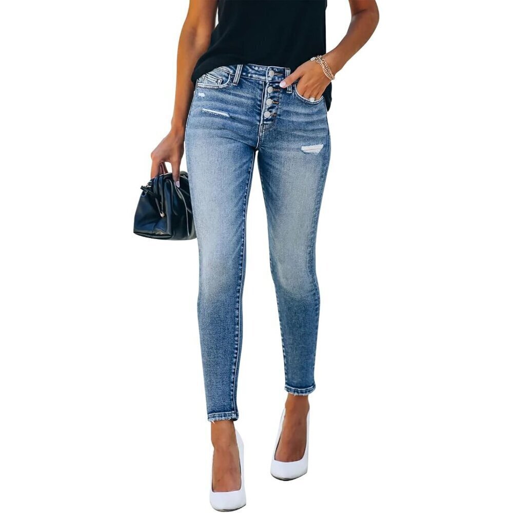 Women's Ripped Skinny Stretch Denim Jeans Frayed Distressed Casual